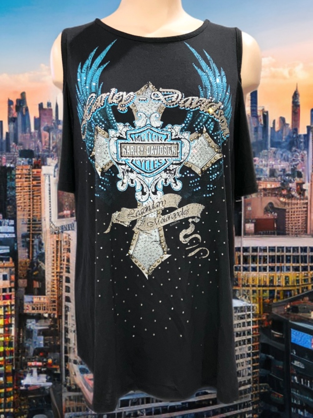 Harley Davidson Cold Shoulder Rhinestone Top Black Teal Cross Bling T-Shirt XL